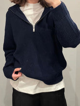 Women V Neck Half Zip Lapel Collar Long Sleeves Knit Sweater Zarnesh